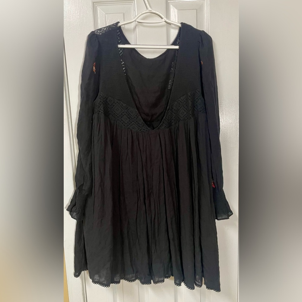 Free People Dress Size Medium Mini Black Boho Embroidered Festival Fall Lined - Picture 3 of 12